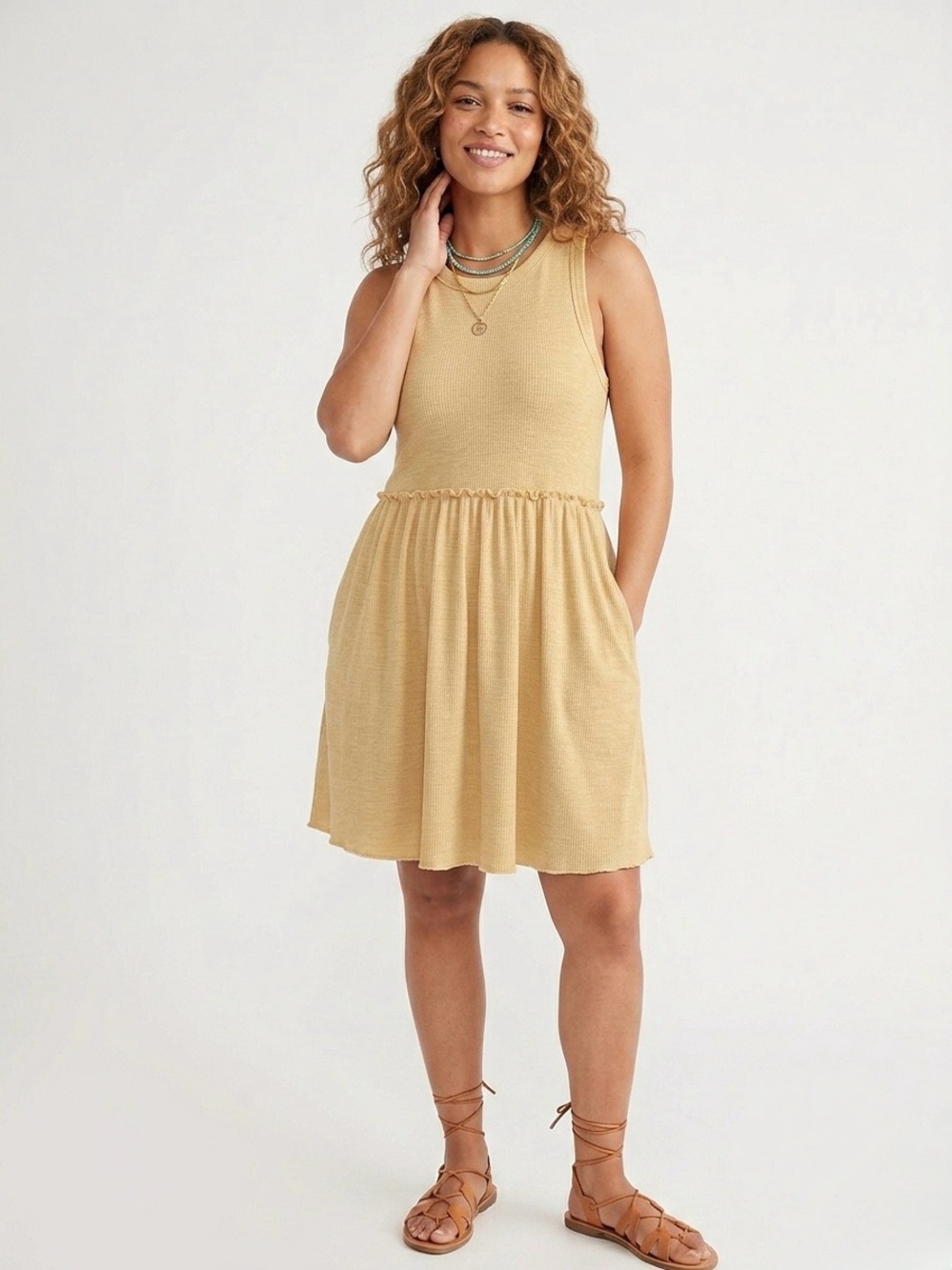 Sleeveless Casual Ribbed Babydoll Tank Dress